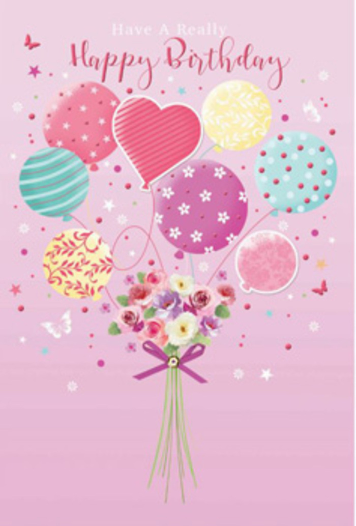 This birthday artwork captures the essence of a light-hearted celebration, the kind you might enjoy with close friends and family in Ardleigh Green. The composition is built around a cluster of floating balloons, gathered like a bouquet and rising against a soft, rosy pink backdrop. Each balloon swells with colour - pale yellow like early afternoon sunshine, seafoam green like spring leaves, gentle rose, and lilac. They are decorated with an assortment of playful patterns: swirling ribbons that wrap around their curves, dots that scatter like confetti, and tiny flowers that echo the garden borders of nearby homes. At the core of this airborne gathering sits a petite hand-tied floral arrangement. Small roses and daisy-like blooms mingle together, their petals shaded from creamy ivory through blush pink to a muted mauve, creating a tender gradient of colour. The flowers are illustrated with a sense of texture and dimension, suggesting soft, velvety surfaces and freshly opened buds. Binding the stems is a rich purple bow, its satin loops and trailing ends adding a polished finishing detail, much like the care taken before a birthday bouquet leaves a local Ardleigh Green florist's counter. Gentle light washes over the scene, creating a natural glow that enhances the pastel tones without overwhelming them. There is a quiet joy here, a balance between whimsy and elegance, as if this card and its floating bouquet are ready to accompany a same-day birthday delivery, carrying warm wishes from one Ardleigh Green doorstep to another.