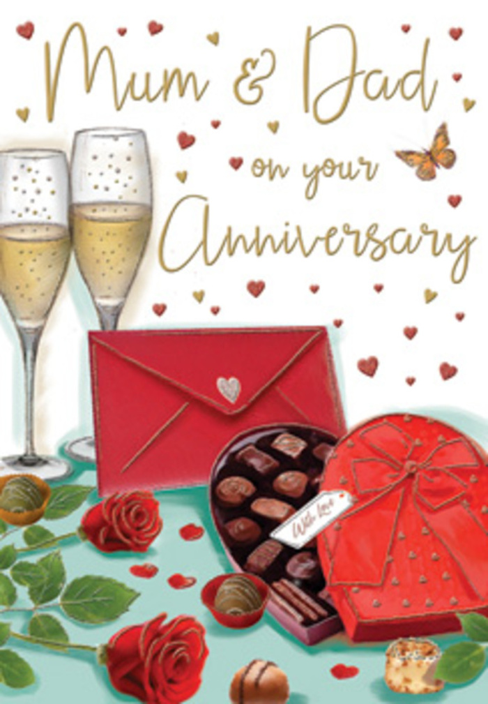 Elegant anniversary card illustration showing an intimate, indulgent scene arranged as if on a polished table in an Ardleigh Green home, designed especially for Mum and Dad. At the top, two tall champagne flutes stand close together, their thin stems almost touching, symbolising a long, shared journey. The flutes are filled with golden, sparkling champagne, delicate bubbles captured mid-rise, giving a feeling of movement and celebration. Below, a heart-shaped chocolate box painted in a deep, velvety red sits slightly open, its lid revealing rows of carefully drawn chocolates, some dusted, some smooth, all nestled like small treasures. A wide red satin bow, tied generously, wraps the box, its looping tails echoing the luxurious curves a professional florist might create when dressing a gift heading towards nearby Hornchurch or Gidea Park. In the foreground, two plush red roses rest on their sides, petals richly layered and soft-looking, framed by fresh green foliage that brings a natural touch to the otherwise indulgent tableau. A bright scarlet envelope lies close by, its flap sealed, evoking the idea of a handwritten anniversary message full of affection and thanks. The background is warm and creamy, scattered with tiny golden sparkles and crimson heart motifs, while elegant, hand-lettered text reading Mum & Dad floats gently among them. The overall effect is one of warmth, romance, and gratitude, evoking the scent of fresh roses from Flowers Ardleigh Green mixed with chocolate sweetness, and the gentle clink of glasses as parents celebrate another year together in RM11.