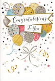 This congratulations card is a beautifully composed portrait of celebration, the kind that would sit effortlessly beside a vase of seasonal blooms in an Ardleigh Green living room after a proud announcement. At the centre, a group of balloons gathers in a loose bouquet, layered so that some sit slightly behind others, creating a pleasing sense of depth. Their colours-muted gold, soft silver, champagne, light blue, and blush pink-blend harmoniously, giving an overall impression of gentle luxury. Each balloon is decorated with subtle metallic patterns: tiny stars scattered like constellations, slender vertical stripes, and delicate glitter effects that suggest a soft sparkle when the card catches the light. From their base, thin ribbons and strings in tones of gold and silver drift downward, curling into loops and soft spirals, as though the balloons are lifting just enough to create gentle tension in their tethers. A lyrical banner sweeps across the middle of the composition, its edges slightly curled, carrying the message Congratulations To You in beautifully flowing script that conveys warmth and genuine feeling. Around this central design, a calm, pale background is brought to life by a sprinkling of stars, whimsical swirls, and tiny confetti-like dots in metallic inks, echoing the quiet thrill of a toast raised around a table off Ardleigh Green Road. The overall effect is of quiet, confident joy-sophisticated yet approachable-making the card an ideal partner for a handcrafted bouquet delivered across Ardleigh Green when you want to acknowledge an achievement, celebrate a milestone, or simply let someone know how proud you are of what they've accomplished.
