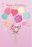 In this softly joyful birthday scene, a dreamy cluster of balloons and flowers seems to hover in the air, echoing the peaceful charm of Ardleigh Green. The background is a pale, comforting pink, providing a gentle stage for a bouquet of pastel balloons that lift the eye upward. Each balloon is rounded and glossy, painted in delicate tones of lemon, mint, blush, and lavender, and dressed in a variety of cheerful patterns - candy-like stripes that spiral upwards, polka dots that feel like sprinklings of confetti, and small floral motifs that hint at blooming gardens around nearby streets. Held within this airy cluster is a small, hand-tied bouquet of flowers. The blooms are dainty and refined: tiny roses and soft, anemone-like blossoms in creamy white, dusty rose, and muted mauve, their petals layered and feathery, as if just arranged by an expert florist. The stems come together at the base in a smooth violet satin bow, its sheen catching the light and adding a touch of occasion, like the final flourish before a bouquet is delivered to celebrate a birthday in Ardleigh Green. Light plays gently across the balloons and flowers, creating soft highlights that add depth while maintaining a delicate, pastel mood. The whole composition feels airy and uplifting - not just a card, but a visual expression of birthday happiness, ideal for sending heartfelt wishes across the neighbourhood with a sense of care, creativity, and quiet celebration.