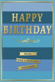 This image highlights a refined birthday card that blends soothing blues with warm gold, creating the same sense of quiet celebration you might feel during a relaxed gathering in Ardleigh Green. The card is positioned upright, its front dominated by wide horizontal stripes of blue. Starting at the base with a deep navy band, the colours gradually step upward through denim, ocean, and teal tones before settling into a pale sky blue near the top. These stripes are evenly spaced and crisply defined, yet their progression feels natural and calming, like watching the sky slowly brighten over nearby gardens. Centered on this striped canvas is the greeting HAPPY BIRTHDAY, picked out in large, embossed gold capitals. The letters have a soft metallic shine and a slightly raised profile, allowing them to catch the light and stand clearly apart from the blue background. Just beneath the main message sits an ornate golden flourish, a symmetrical scroll motif that lends the card a classic, slightly vintage charm. Below this flourish, three slender gold banners stretch horizontally, forming neat lines across one of the middle stripes. Each banner holds part of a gentle birthday wish, together reading, Relax, have a great day and enjoy! The banners' polished gold finish echoes the main lettering, visually joining the sentiments into one flowing greeting. A narrow gold line frames the entire design, creating a tidy border that contains the layered blues like a carefully chosen frame around a favourite picture. The overall look is serene yet festive, ideal for standing beside a vase of fresh birthday flowers on a hall table in an Ardleigh Green home.